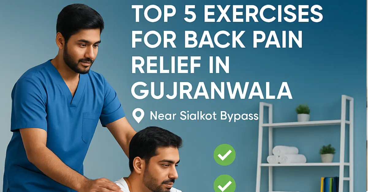 Dr. Jameel Sabar demonstrating back pain relief exercises at Physio's Hub clinic near Sialkot Bypass, Gujranwala